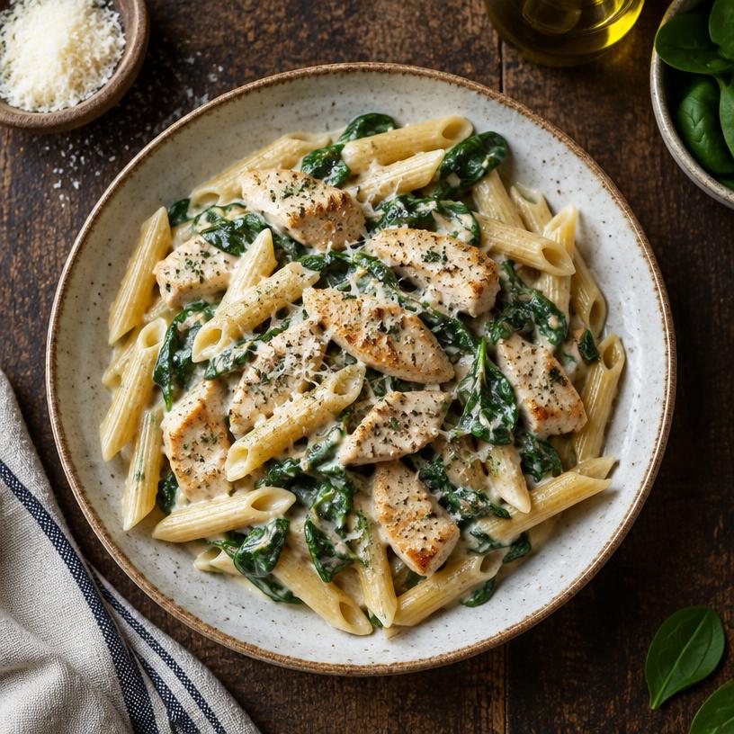 Penne z kurczakiem i szpinakiem