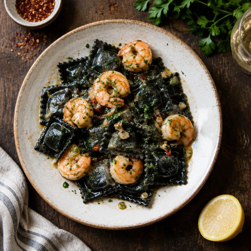 Raviolini czarne z krewetkami
