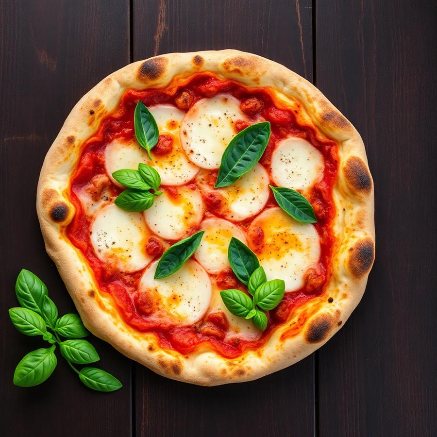 Pizza Margherita na ciemnym drewnianym stole